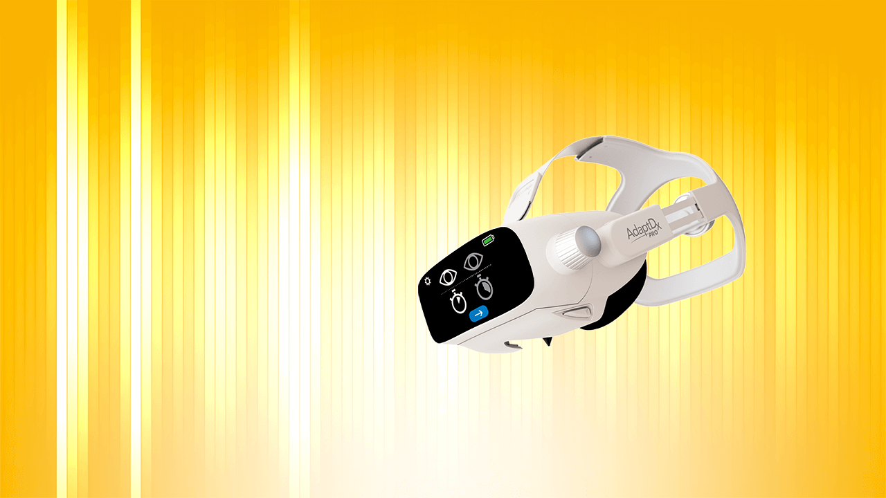 AdaptDx Pro headset with yellow and white speech bar background